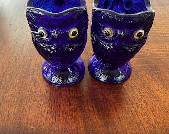 Vintage koboltblå uggla gräddkanna och sockerskålsset | Handblåst konstglas | Nyckfull uggla köksinredning | Mitten av århundradet stil
