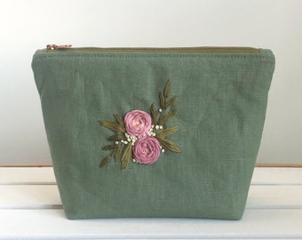 hand-embroidered cosmetic bag, linen bag, toiletry bag