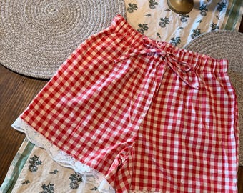 Red Gingham Drawstring Shorts with Scalloped Lace Hem | Cottagecore Summer Shorts | Cute Ruffle Lounge Shorts | Picnic Outfit Shorts