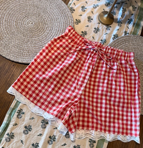 Red Gingham Drawstring Shorts with Scalloped Lace Hem | Cottagecore Summer Shorts | Cute Ruffle Lounge Shorts | Picnic Outfit Shorts