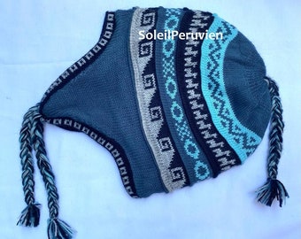 Gorro chullo unisex peruano de alpaca de color azul acero con rojo con orejeras, forro 100 %, forro polar suave, gorro peruano chullo de alpaca