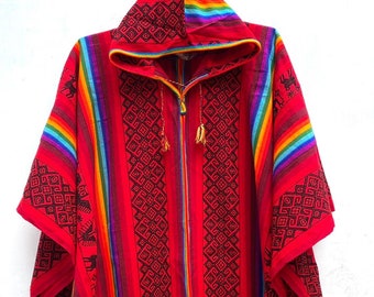 Poncho rosso con cappuccio unisex, Poncho sciamano, poncho tradizionale peruviano, poncho boho, misto lana poncho etnico