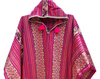 Fucshia Poncho con cappuccio unisex, Poncho sciamano, poncho tradizionale peruviano, poncho boho, misto lana poncho etnico