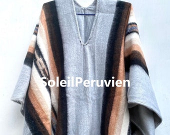 Poncho alpaga gris clair pour hommes et femmes, poncho alpaga, poncho laine d'alpaga, Pérou, poncho pour l'hiver, châle ethnique, ponchos péruviens