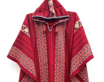Red Hooded Poncho unisex, shaman Poncho, Peruvian traditional poncho, poncho bohemian, ethnic poncho wool blend