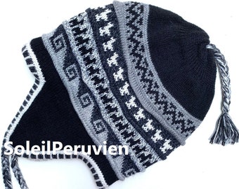 Black Unisex Peruvian Alpaca Hat chullo with Earflaps 100% Lining, Soft Fleece Lining Beanie hat, alpaca chullo peruvian hat