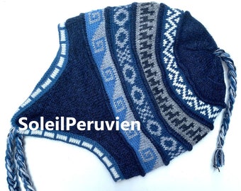 Blue Peruvian Alpaca Hat chullo with Earflaps 100% Lining, Soft Fleece Lining Beanie hat, alpaca chullo peruvian hat