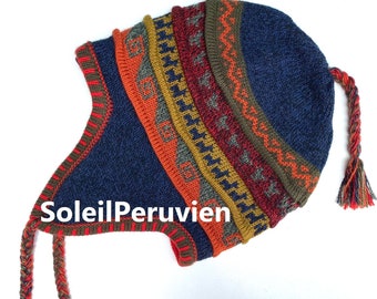 Azul con Naranja Unisex Sombrero de Alpaca Peruana chullo con Orejeras 100% Forro, Forro polar suave Sombrero de gorro, sombrero peruano chullo de alpaca