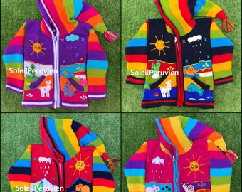 Children peruvian hoodie sweater, Unique Peru Kids Wool Cardigan, Peruvian toddler wool jacket, Toddler embroidered sweater kids