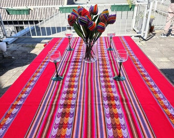 Original Red Peruvian Fabric Tribal Ethnic Stripy textile blanket colorful table cloth peru table cloth peru textile peruvian table cloth