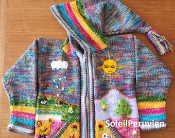 Maglione con cappuccio peruviano per bambini arcobaleno, cardigan in lana per bambini Perù unico, giacca in lana per bambini peruviana, maglione ricamato per bambini