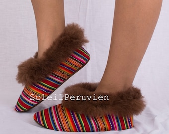 Rainbow with Border Brown Alpaca Slippers Unisex Alpaca fur slippers peruvian slippers alpaca slippers peru slippers