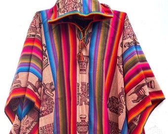 Rainbow Hooded Poncho unisex, Shaman Poncho, Poncho tradizionale peruviano, poncho boho, misto lana poncho etnico