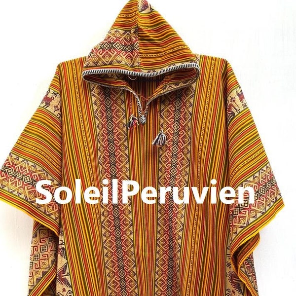 Poncho unisexe à capuchon moutarde, poncho chaman, poncho traditionnel péruvien, poncho boho, mélange ethnique de laine de poncho