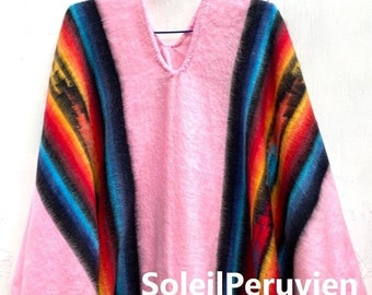 Poncho alpaca colorato rosa per uomo e donna, poncho alpaca, poncho lana alpaca, Perù, poncho per l'inverno, scialle etnico, poncho peruviano