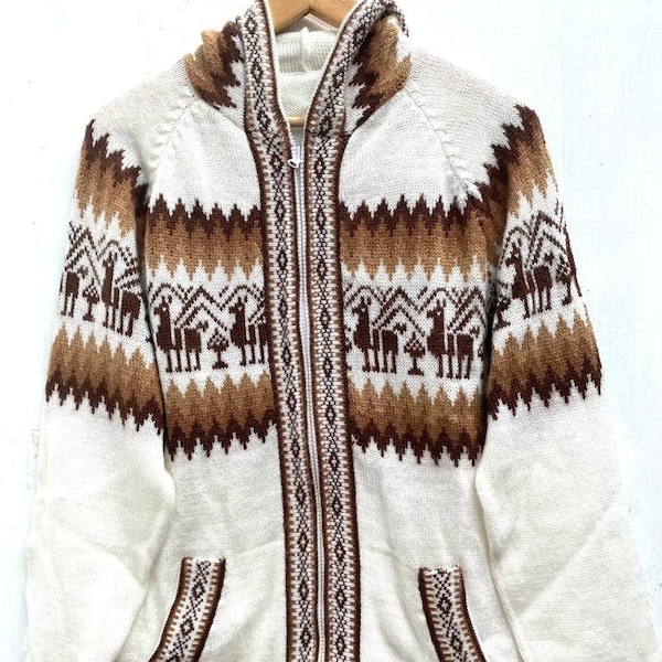 White with brown Alpaca sweater peruvian sweater Unisex sweater peruvian alpaca sweater peruvian jacket peru sweater alpaca sweater