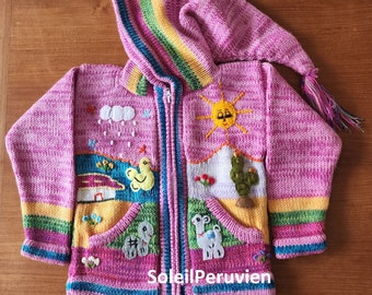 Pull à capuche péruvien rose pour enfants, cardigan en laine unique pour enfants du Pérou, veste en laine péruvienne pour tout-petits, pull brodé pour tout-petits pour enfants
