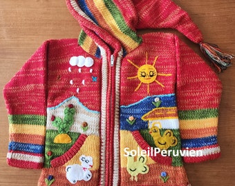 Red Children peruvian hoodie sweater, Unique Peru Kids Wool Cardigan, Peruvian toddler wool jacket, Toddler embroidered sweater kids