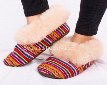 Rainbow with Border Beige Alpaca Slippers Unisex Alpaca fur slippers peruvian slippers alpaca slippers peru slippers