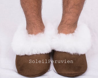 Brown with Border White Alpaca Slippers Unisex Alpaca fur slippers peruvian slippers alpaca slippers peru slippers