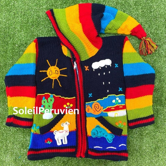Black Children peruvian hoodie sweater Unique Peru Kids Wool Cardigan Peruvian toddler wool jacket Toddler embroidered sweater kids
