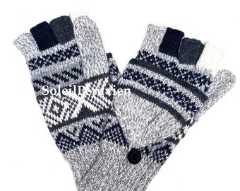 Gray Convertible Mittens Baby Alpaca, Exposed Finger Thickening Alpaca Wool Gloves, Knitted Glove Winter, Warm Mittens Half-finger Gloves