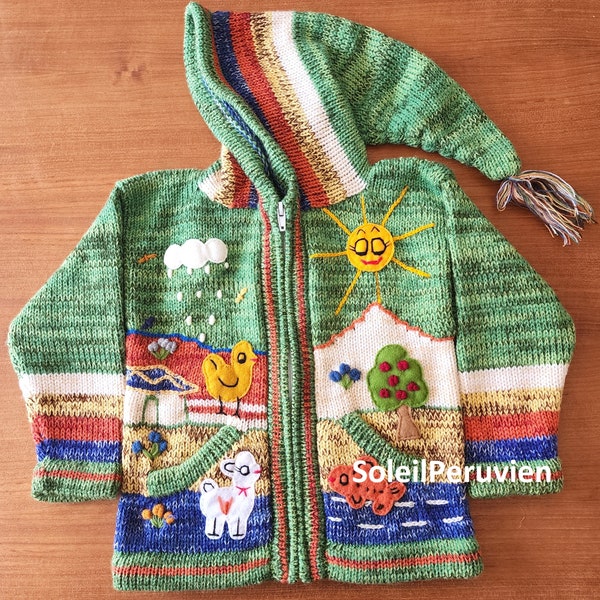 Green Children peruvian hoodie sweater, Unique Peru Kids Wool Cardigan, Peruvian toddler wool jacket, Toddler embroidered sweater kids