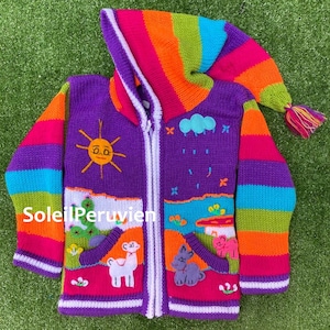 Purple Children peruvian hoodie sweater, Unique Peru Kids Wool Cardigan, Peruvian toddler wool jacket, Toddler embroidered sweater kids