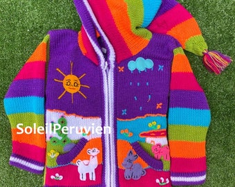 Maglione con cappuccio peruviano per bambini viola, Cardigan unico in lana per bambini del Perù, Giacca di lana per bambini peruviana, Maglione ricamato per bambini