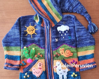 Maglione con cappuccio peruviano per bambini blu, cardigan in lana per bambini Perù unico, giacca in lana per bambini peruviana, maglione ricamato per bambini