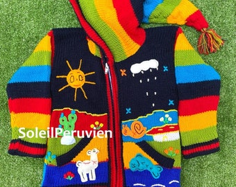 Maglione con cappuccio peruviano per bambini neri, cardigan in lana per bambini Perù unico, giacca in lana per bambini peruviana, maglione ricamato per bambini