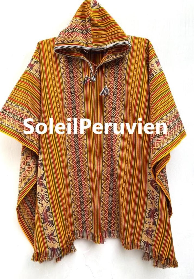 Poncho unisexe à capuchon moutarde, poncho chaman, poncho traditionnel péruvien, poncho boho, mélange ethnique de laine de poncho image 1