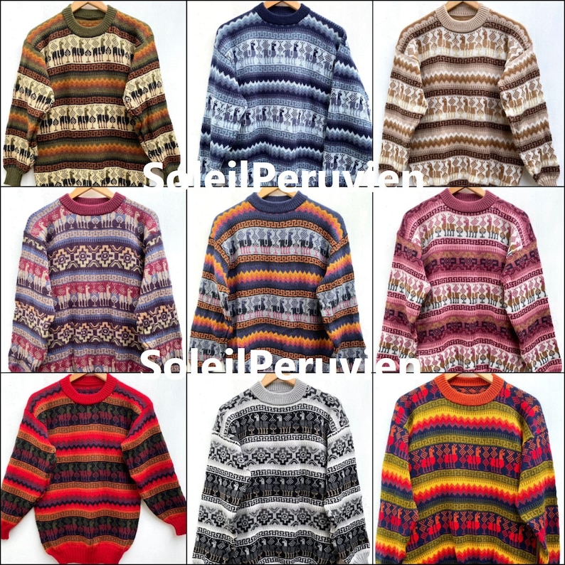 May include: Nine different alpaca wool sweaters with colorful geometric patterns and designs. The sweaters are all crew neck and long-sleeved.
