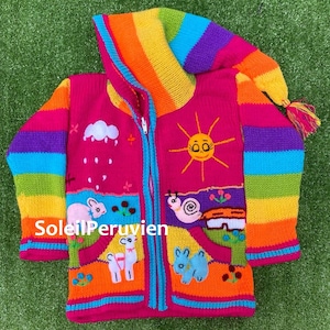 Fucshia Children peruvian hoodie sweater, Unique Peru Kids Wool Cardigan, Peruvian toddler wool jacket, Toddler embroidered sweater kids