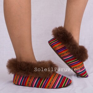 Arcobaleno con Bordo Marrone Alpaca Pantofole Unisex Alpaca pelliccia pantofole peruviane pantofole alpaca pantofole perù pantofole immagine 4