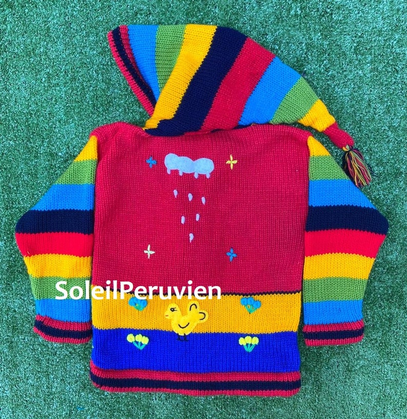 Red Children peruvian hoodie sweater, Unique Peru Kids Wool Cardigan, Peruvian toddler wool jacket, Toddler embroidered sweater kids image 2