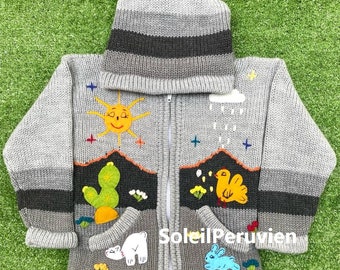 Pull à capuche gris péruvien pour enfants, Cardigan en laine Unique Peru Kids, veste en laine péruvienne pour tout-petits, pull brodé pour tout-petits enfants