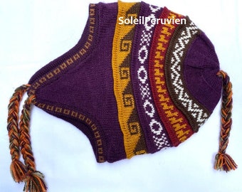 Purple Unisex Peruvian Alpaca Hat chullo with Earflaps 100% Lining, Soft Fleece Lining Beanie hat, alpaca chullo peruvian hat