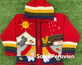 Children peruvian red hoodie sweater, Unique Peru Kids Wool Cardigan, Peruvian toddler wool jacket, Toddler embroidered sweater kids