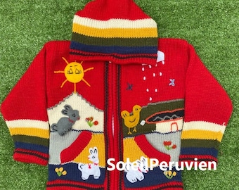 Pull à capuche rouge péruvien pour enfants, cardigan en laine unique pour enfants du Pérou, veste en laine péruvienne pour tout-petits, pull brodé pour tout-petits enfants