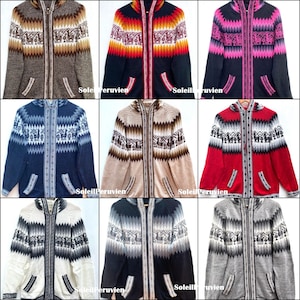 May include: Nine different colour variations of a hooded alpaca wool sweater with a zip closure. The sweaters feature a traditional Peruvian design with geometric patterns and llama figures.