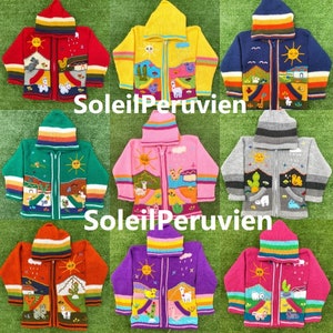 Children peruvian hoodie sweater, Unique Peru Kids Wool Cardigan, Peruvian toddler wool jacket, Toddler embroidered sweater kids cardigan