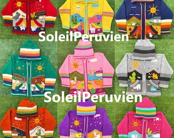 Pull à capuche péruvien pour enfants, cardigan en laine unique pour enfants du Pérou, veste en laine péruvienne pour tout-petits, cardigan pour enfants en pull brodé pour tout-petits