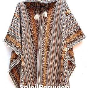 Mustard Hooded Poncho unisex, shaman Poncho, Peruvian traditional poncho, poncho bohemian, ethnic poncho wool blend Creme with Brown