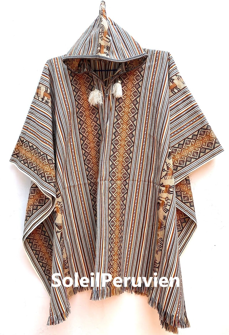 Mustard Hooded Poncho unisex, shaman Poncho, Peruvian traditional poncho, poncho bohemian, ethnic poncho wool blend Creme with Brown