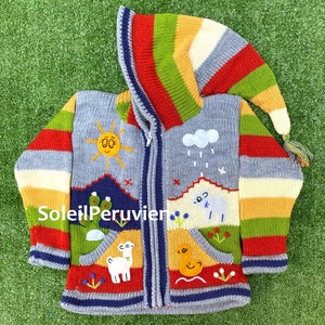 Gray Children peruvian hoodie sweater, Unique Peru Kids Wool Cardigan, Peruvian toddler wool jacket, Toddler embroidered sweater kids