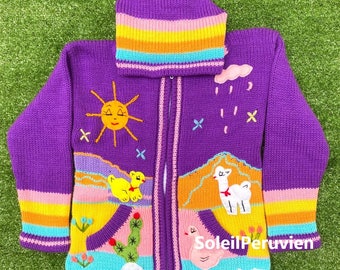 Enfants péruvien pull à capuche violet, Unique Peru Kids Wool Cardigan, veste en laine péruvienne pour tout-petits, pull brodé pour tout-petits enfants