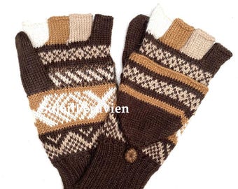Brown Convertible Mittens Baby Alpaca, Exposed Finger Thickening Alpaca Wool Gloves, Knitted Glove Winter, Warm Mittens Half-finger Gloves