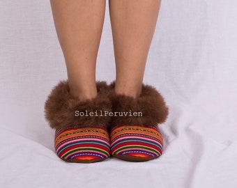 Rainbow with Border Brown Alpaca Slippers Unisex Alpaca fur slippers peruvian slippers alpaca slippers peru slippers