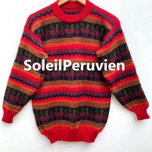 May include: Red, orange, purple, green, and black striped sweater with a llama pattern. The sweater has a crew neck and long sleeves. The text "SoleilPeruvien" is printed on the front of the sweater.